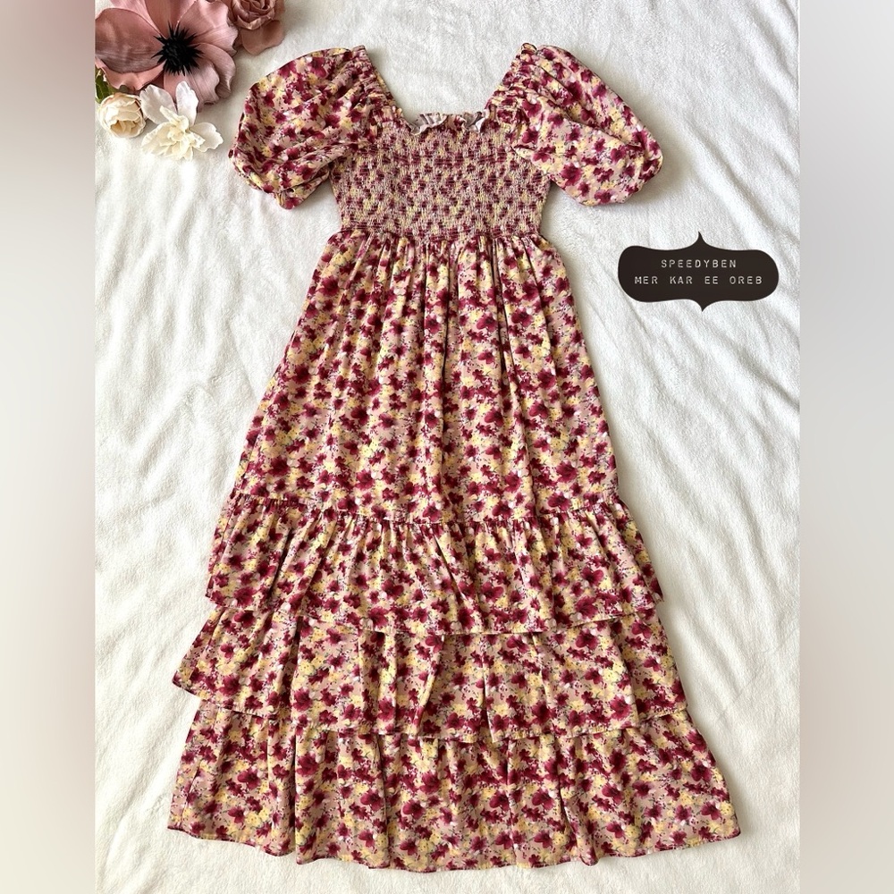 English Factory Floral Print Ruffle Tiered Maxi dress Size Small